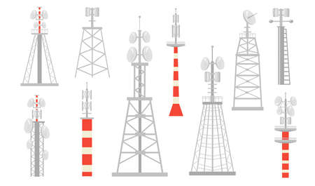 Various radio towers flat icon set. Wireless satellite towered wave transmitters for broadcast isolated vector illustration collection. Telecommunication and signal transmission conceptのイラスト素材