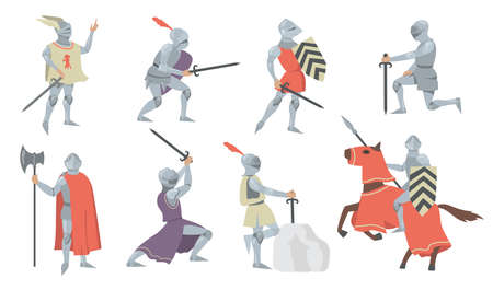 Various medieval knights flat icon set. Chivalry princes, soldiers and fighters in metal armor with shields and swords isolated vector illustration collection. History and battle conceptのイラスト素材