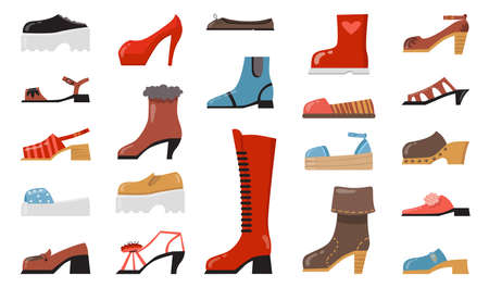 Various fashionable footwear flat icon set. Cartoon stylish elegant and casual shoes, seasonal boots, summer sandals isolated vector illustration collection. Fashion and footgear conceptのイラスト素材