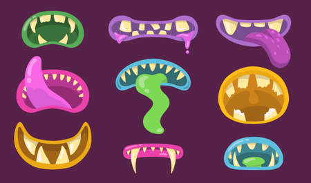 Scary monsters mouths set. Lips with slim, horrible jaws, teeth, throat and tongues of goblin, gremlin, trolls. Vector illustration for Halloween creatures concepts, party stickers templatesのイラスト素材