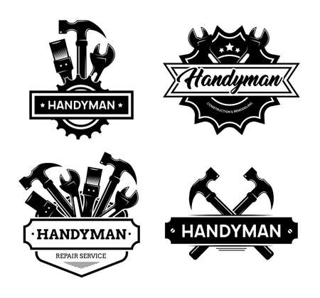 Different handyman logo flat icon set. Black vintage service badges with wrench and hammer for mechanic worker vector illustration collection. Construction and maintenance conceptのイラスト素材