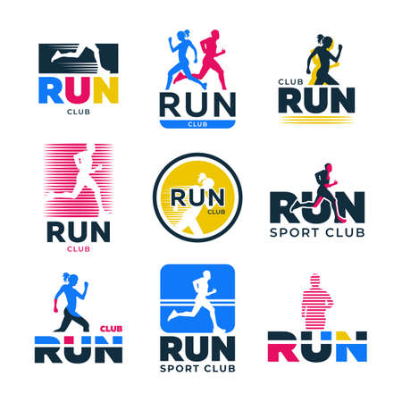 Different retro running flat logo set. Colorful silhouettes of runners and athletes jogging marathon vector illustration collection. Sport club, active lifestyle and exercise conceptのイラスト素材