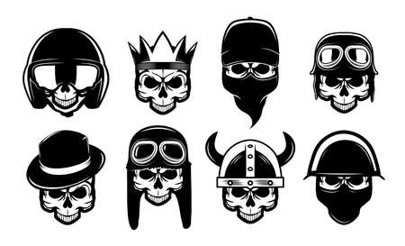 Different black skulls in bandana, hat or helmet flat icon set. Bikers rock symbols for tattoo or motorcycle vector illustration collection. Rebel, anarchism and freedom conceptのイラスト素材