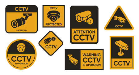 Yellow CCTV system flat badges set. Different safety information stickers and signs for warning announce vector illustration collection. Alert technology, robbery and video surveillance conceptのイラスト素材