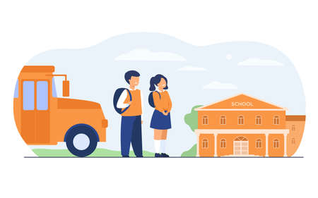Happy children waiting school bus isolated flat vector illustration. Cartoon girl and boy standing on road near school building. Education and learning conceptのイラスト素材