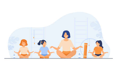 Teacher and kids sitting in yoga pose isolated flat vector illustration. Cartoon instructor and children doing exercise in gym. Healthy lifestyle, sport and interior conceptのイラスト素材