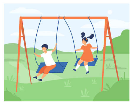 Cute girl and boy swinging and enjoying holiday isolated flat vector illustration. Cartoon happy friends playing on playground. Nature camp and weekend conceptのイラスト素材
