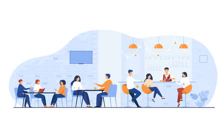 People meeting in restaurant bar for dinner isolated flat vector illustration. Cartoon men and women drinking wine or beer in pub. Party and weekend conceptのイラスト素材