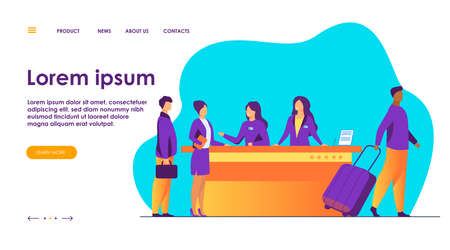 Friendly receptionists from hotel registration desk help client vector illustration. People waiting in queue for consultation. Concierge talking with traveler concept for presentation slidesのイラスト素材