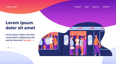 Crowd of commuters traveling by subway train. Metro passengers standing in overcrowding tube carriage. Vector illustration for public transport, commuting, rush hour conceptのイラスト素材