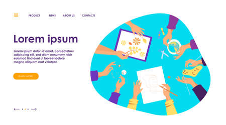 Creative handmade workshop flat vector illustration. Children making creative embroidery, scrapbooking and knitting. DIY, craft and craftwork concept.のイラスト素材