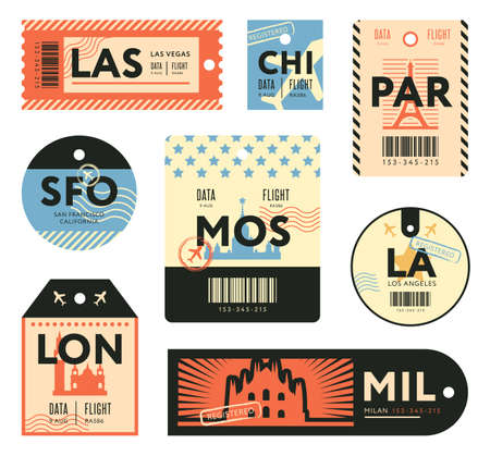 Different retro tickets for travelers flat stamps set. Colorful baggage tags and luggage airplane stickers vector illustration collection. Trip and design template conceptのイラスト素材