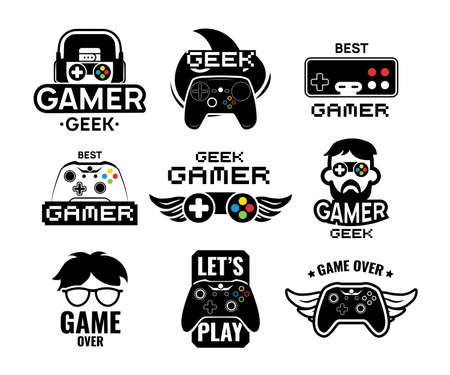 Video game logo set. Emblems with gamer, vintage and modern joystick console controller, headset. Isolated vector illustration for online game label templateのイラスト素材