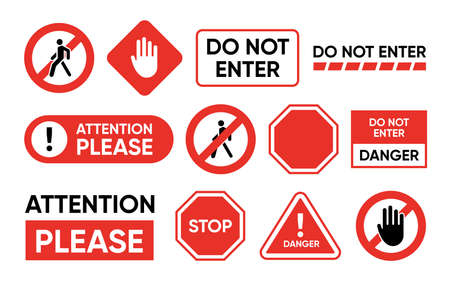 Attention and forbidden signboards set. Red board with hand stop signs, do not enter or danger text. Vector illustrations collection for road, traffic signs, warning conceptのイラスト素材
