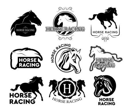 Horse race logo set. Running horse isolated illustrations with text and frames in vintage styles. Can be used for equestrian sport labels or polo club badges templatesのイラスト素材