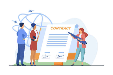 Business partners signing contract online. Leaders affixing signatures to document on monitor flat vector illustration. Internet, agreement concept for banner, website design or landing web pageのイラスト素材