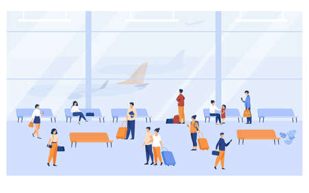 Passengers inside airport building with large panoramic windows flat vector illustration. Cartoon character waiting plane, sitting on benches, walking with baggage. Transport and tourism conceptのイラスト素材