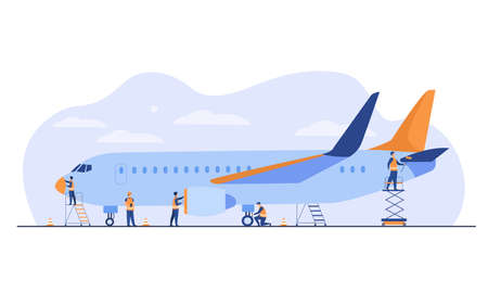 Plane service isolated flat vector illustration. Cartoon mechanics repairing airplane before flight or adding fuel. Aircraft maintenance and aviation conceptのイラスト素材