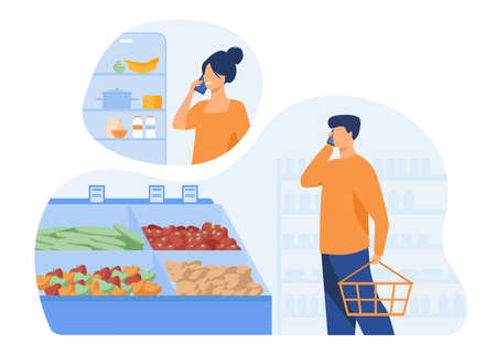 Man talking phone from grocery with woman near fridge isolated flat vector illustration. Cartoon people buying food for home and husband calling to wife. Communication and family conceptのイラスト素材