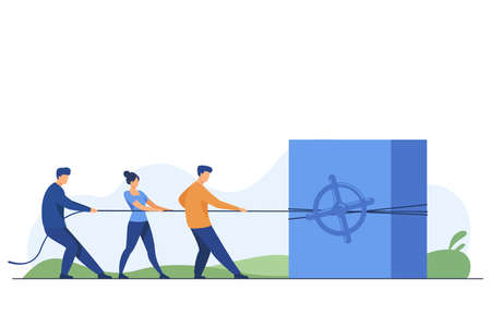 Team attracting investment and capital. People pulling rope, steel safe, money flat vector illustration. Finance, saving, profit concept for banner, website design or landing web pageのイラスト素材