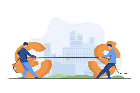Dollar and euro competition. Currency characters playing tug-of-war, pulling rope flat vector illustration. Finance, money, currency rate concept for banner, website design or landing web pageのイラスト素材