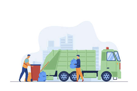 Trash pickup worker cleaning dustbin at truck. Man carrying trash in plastic bag flat vector illustration. City service, waste disposal concept for banner, website design or landing web pageのイラスト素材