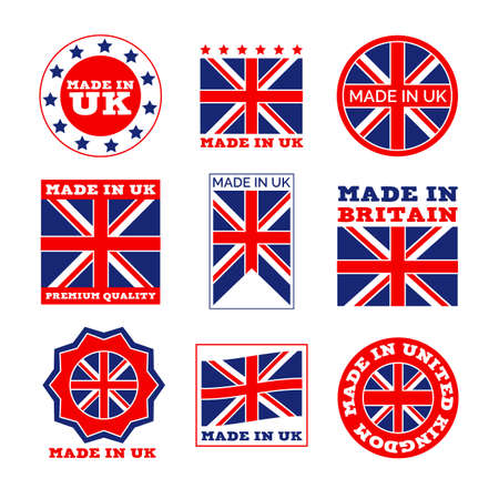 Great Britain product flat emblem set. Made in England original badge with British flag isolated on white background vector illustration collection. Manufacturing and premium quality conceptのイラスト素材