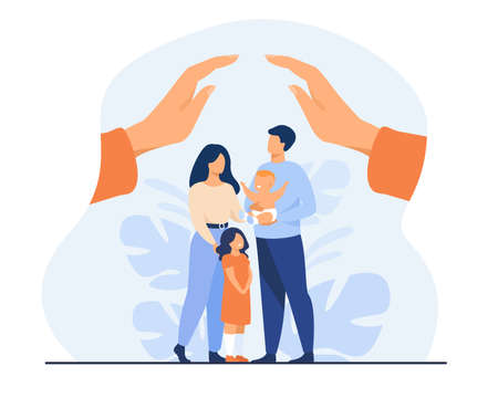Hands protecting family with two children. Young couple of parents holding baby, standing together under human palms. For family safety, state protection, assistance, care conceptのイラスト素材