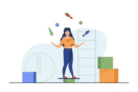Woman balancing and juggling with skittles and balls. Gym, circus, juggler flat vector illustration. Performance and training concept for banner, website design or landing web pageのイラスト素材