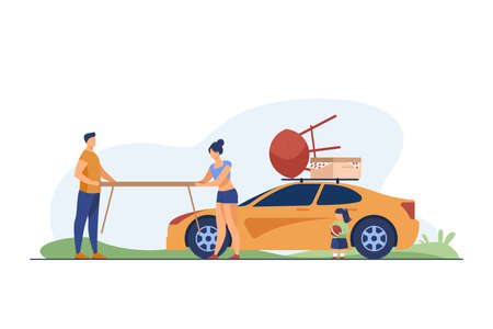 Young couple holding table for picnic on nature. Car, vacation, summer flat vector illustration. Family and weekend concept for banner, website design or landing web pageのイラスト素材