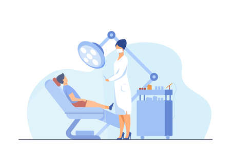 Female dentist curing boy in chair. Tooth, treatment, toothache flat vector illustration. Stomatology and medicine concept for banner, website design or landing web pageのイラスト素材