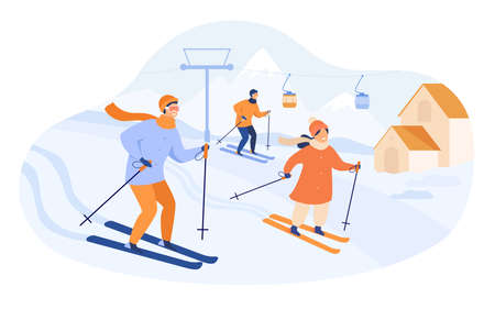 Happy family skiing in mountains. People spending winter vacation at ski resort with elevator and cottages. Vector illustration for activity, lifestyle, sport conceptのイラスト素材