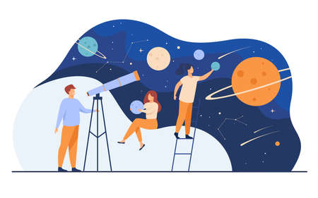Man studying galaxy through telescope. Women holding planets models, watching meteors and constellation of stars. Flat vector illustration for horoscope, astronomy, discovery, astrology conceptsのイラスト素材