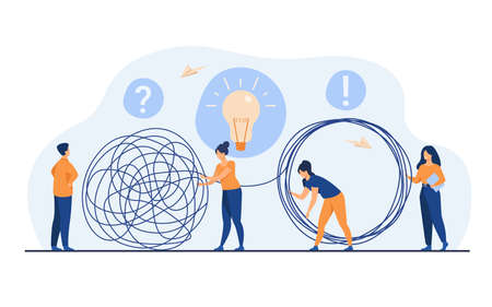 Team of crisis managers solving businessman problems. Employees with lightbulb unraveling tangle....
