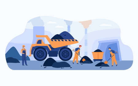 Coal pit workers in overalls digging heaps of coal with spades near carts, truck and smoking plant pipes. Vector illustration for extraction of minerals, mining, miners concept.のイラスト素材