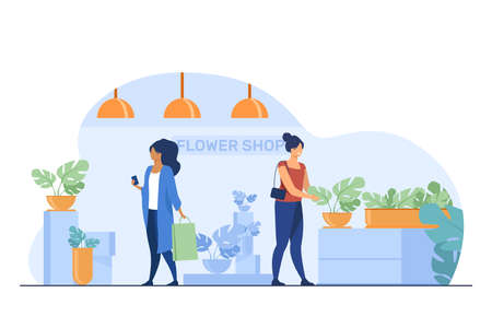 Customers in flower shop. Women with bags choosing houseplants flat vector illustration. Shopping, greenhouse, home plants concept for banner, website design or landing web pageのイラスト素材