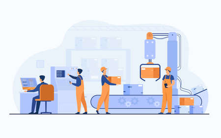 Factory workers and robotic arm removing packages from conveyor line. Engineer using computer and operating process. Vector illustration for business, production, machine technology conceptsのイラスト素材