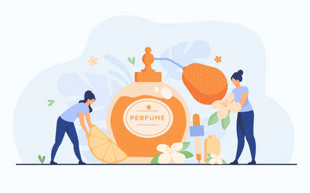 Tiny perfumers creating citrus and flower fresh fragrance, holding blossom and lemon slice near glass flask. Vector illustration for perfumery shop and aroma concept.のイラスト素材
