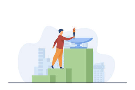 Man holding Olympic fire. Cityscape, torch, blaze flat vector illustration. Olympic games and entertainment concept for banner, website design or landing web pageのイラスト素材