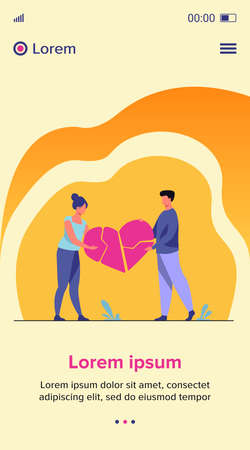Couple mending broken pieces of heart. Young man and woman holding red heart shape with cracks. Vector illustration for love, relationship, problem, breakup conceptのイラスト素材
