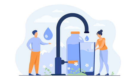 Pure fresh water concept. Tiny woman pouring clean water from faucet with mountain landscape in background. Vector illustration for natural drink, healthy environment conceptのイラスト素材