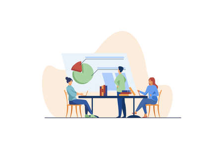 Analysts working together and discussing chart. Company, employee, table flat vector illustration. Teamwork and statistics concept for banner, website design or landing web pageのイラスト素材