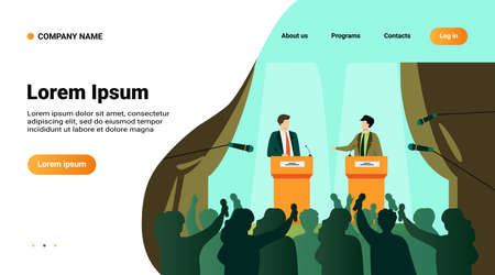 Politicians talking or having debates in front of audience flat vector illustration. Cartoon male public speakers standing on rostrum and arguing. Politics, government and controversy conceptのイラスト素材