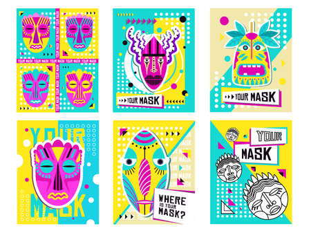 Tribal masks greeting cards design set. Traditional decoration, souvenir in boho style vector illustration with text samples. Template for tropical party invitation cards or flyersのイラスト素材