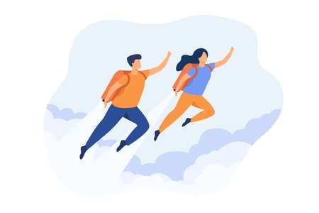 Cheerful couple boosting with jet pack isolated flat vector illustration. Cartoon business cha racters flying up with rocket on back. Career fast growth, startup and energy conceptのイラスト素材