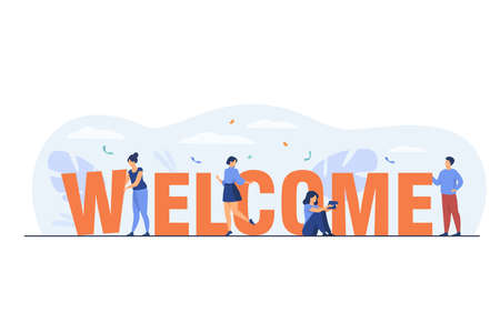 Happy tiny people near huge welcome word flat vector illustration. Cartoon office team members celebrating and greeting together. Graphic design for poster and celebration conceptのイラスト素材