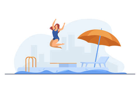 Girl jumping into outdoor swimming pool. Comfort, activity. Flat vector illustration. Leisure concept can be used for presentations, banner, website design, landing web pageのイラスト素材