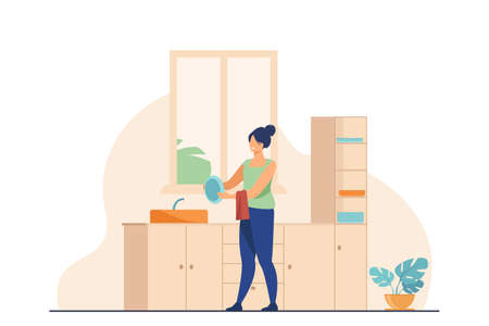 Woman washing dishes at home. Household chores, kitchen. Flat vector illustration. Housework concept can be used for presentations, banner, website design, landing web pageのイラスト素材