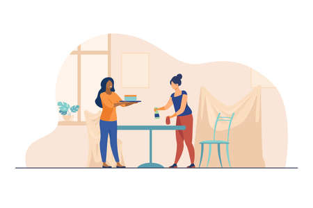 Two women cleaning table and room. Work, cooperation. Flat vector illustration. Cleaning service concept can be used for presentations, banner, website design, landing web pageのイラスト素材