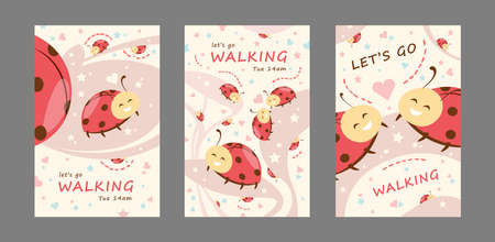 Walking invitation cards set. Friendly cute cartoon ladybirds vector illustrations with lets go walking text, time and day. Template for flyers or greeting cardsのイラスト素材